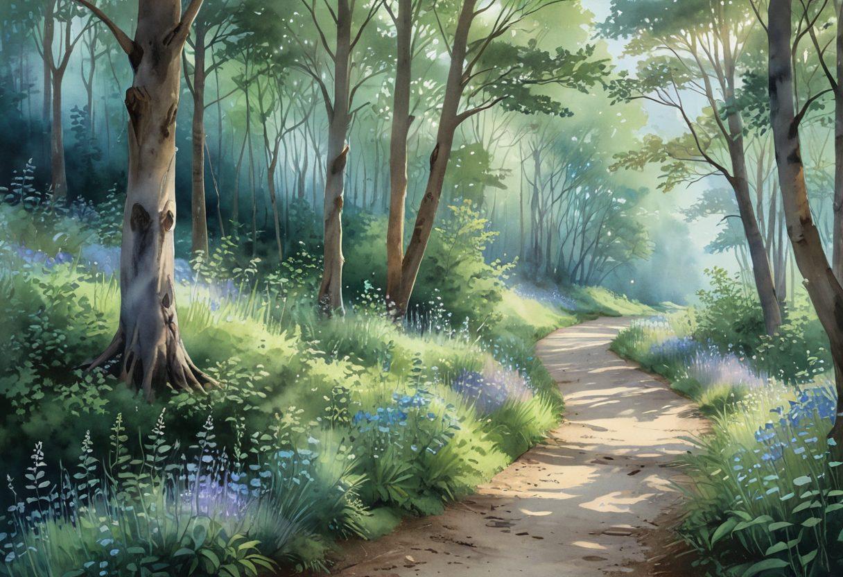 A serene landscape depicting a winding path through a lush forest, symbolizing the journey through grief. Soft, ethereal lighting casts a gentle glow, while subtle silhouettes of supportive figures in the background offer a sense of guidance. Delicate wildflowers bloom along the trail, representing hope and healing. A comforting color palette of soothing blues and greens creates a tranquil atmosphere. watercolor painting. soft pastels.